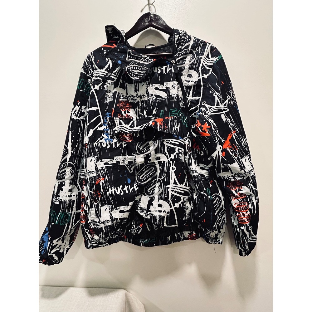 GS-115 Mens Graffiti Hustle Legend Windbreaker Anorak Jacket Black XL